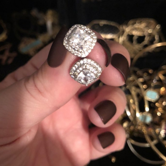Jewelry - Princess Cut CZ Halo Earrings.